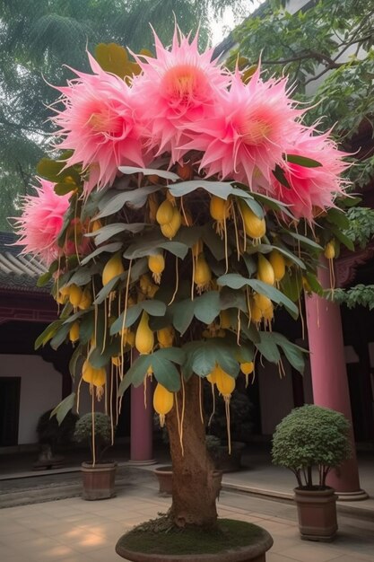 Un grande fiore rosa con le foglie di una buganvillea gigante.