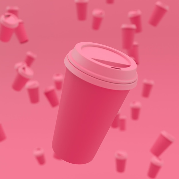 a large pink glass for coffee on a pink background with patterns of cups on it. 3d render