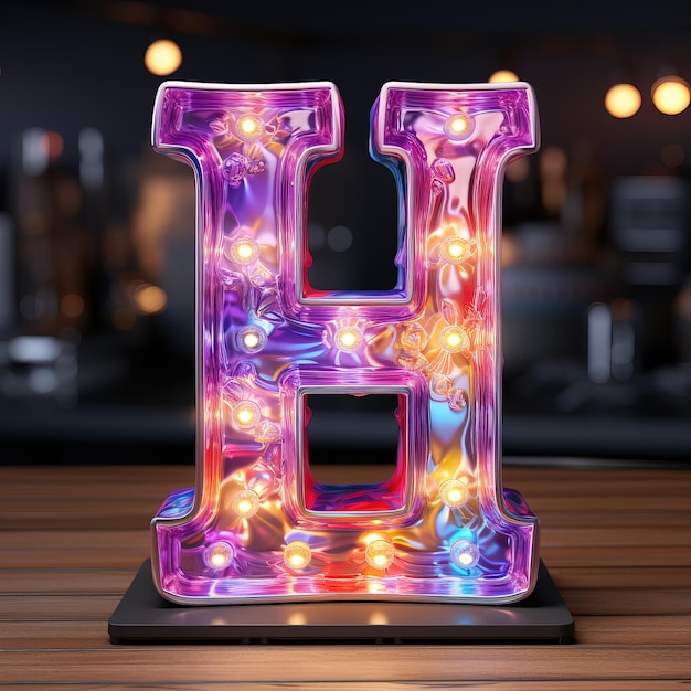 a large pink letter h made out of purple lights