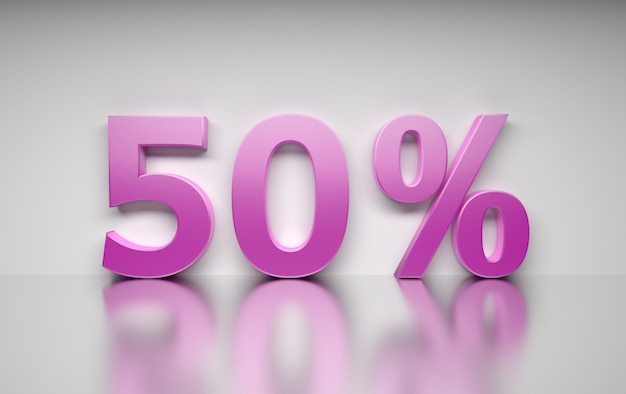 Large pink percentage number 50 percent standing on white reflective surface. 