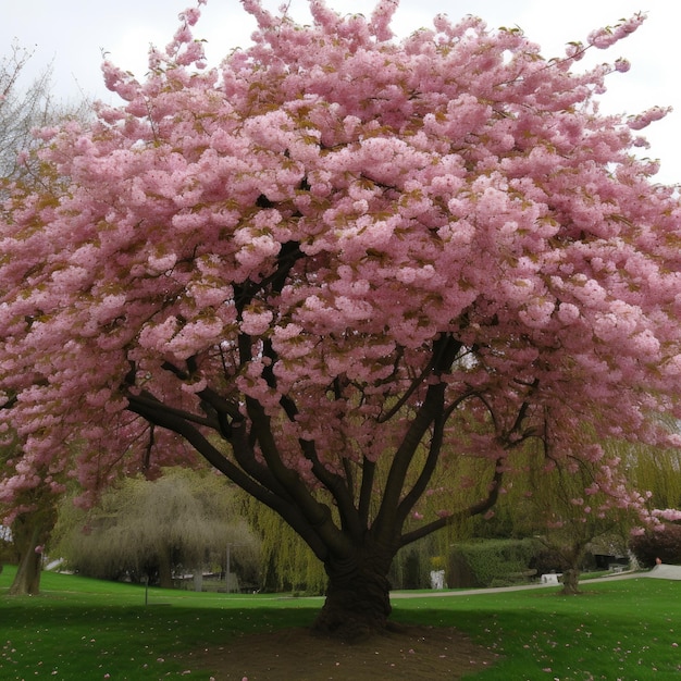 A large pink tree with pink flowers is in a park.