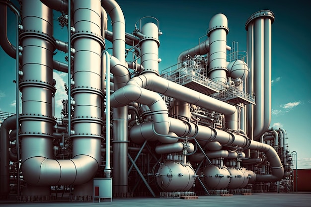 Large piping system at refinery complex factory created with generative ai