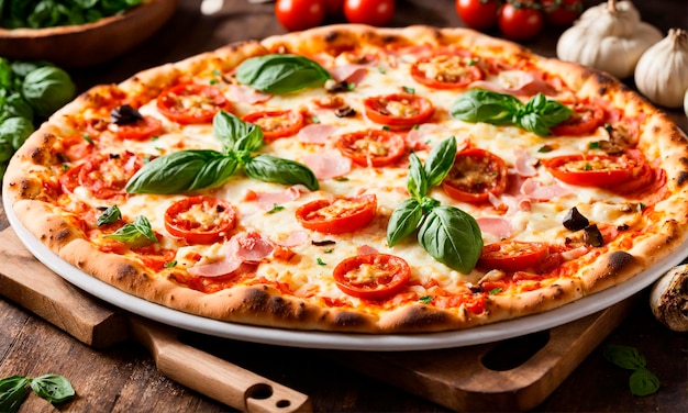 large pizza on a plate Selective focus