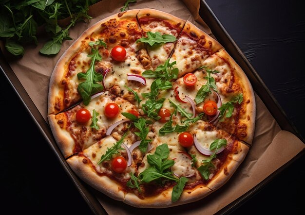 Большая пицца с сыром и помидорами с ругулой в коробке на заднем плане