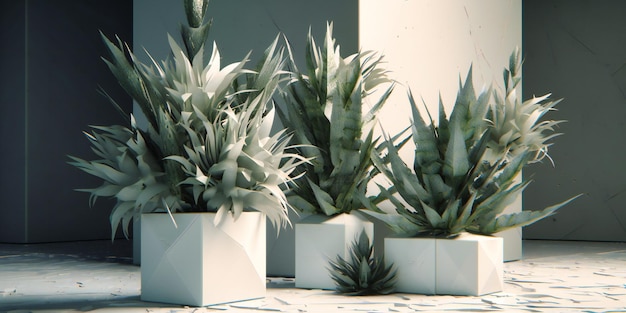 A large plant is placed on two white boxes