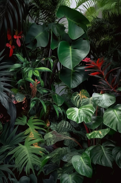 A large plant with red flowers and leaves