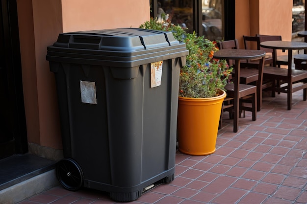 Large plastic container for storage of garbage can behind restaurant