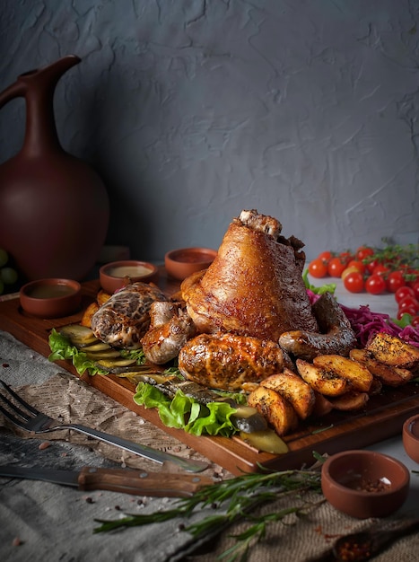 large plate of meat set with pork knuckle homemade sausages on gray textured background