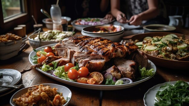 A large plate of meat and vegetables on a table