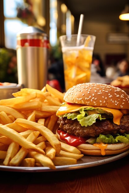 패스트푸드 카페 의 테이블 에 햄버거 와 감자김 이 있는 큰 접시