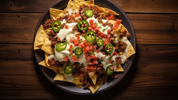 Large plate with nachos with beef jalapeno cheese and sauce on wooden table Top