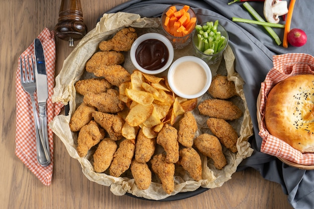 A large plateau of breaded chicken wings with potato chips sauces and vegetables