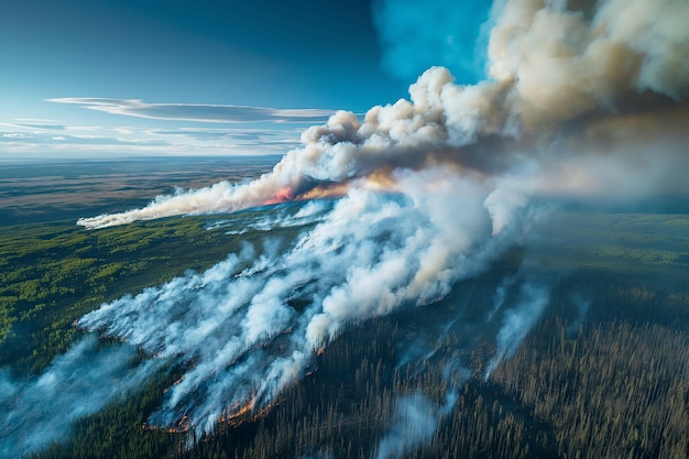 Foto un grande pennacchio di fumo che esce dalla foresta