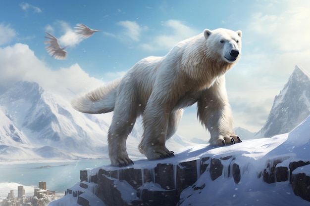 Большой белый медведь смотрит на птиц, летящих в небе, покрытой снегом равнине с высокими ледяными скалами.