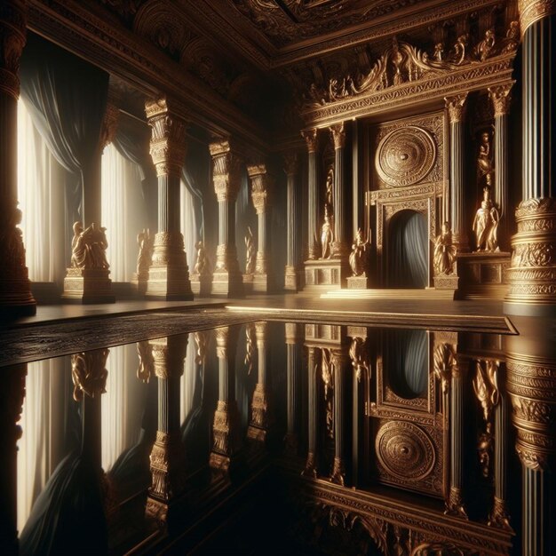 a large pool of water with a reflection of a large statue in it