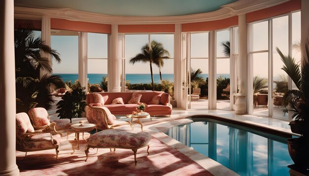 a large pool with a palm tree and a large window