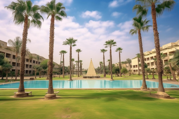 a large pool with a sailboat on it and palm trees in the background.