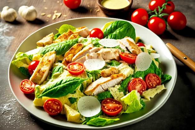 Large portion of fresh chicken caesar salad with cherry tomatoes