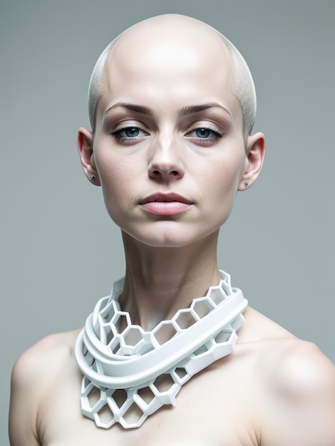 A large portrait of a bald girl in a scifi style