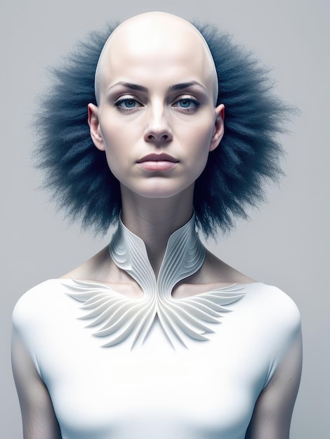 A large portrait of a bald girl in a scifi style