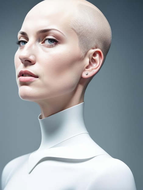A large portrait of a bald girl in a scifi style