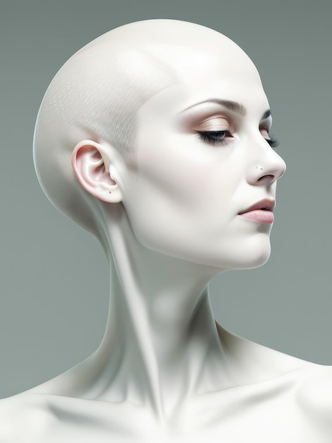 A large portrait of a bald girl in a scifi style