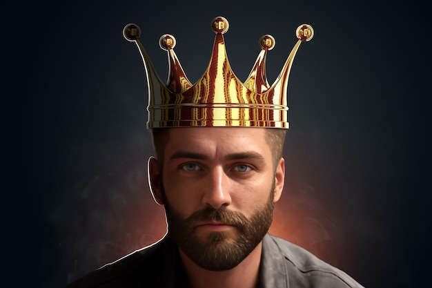 Large portrait of a bearded man with a gold crown on his head a king 3D illustration 3D rendering