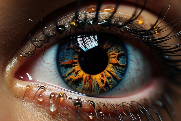 A large portrait of a human eye reflecting a flash tears from the eyes