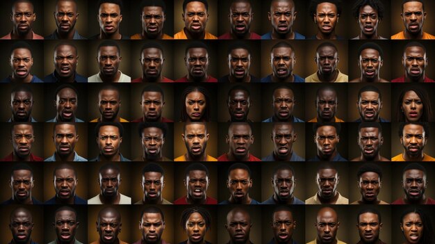 Large portraits collage of African American people with different emotions and facial expressions