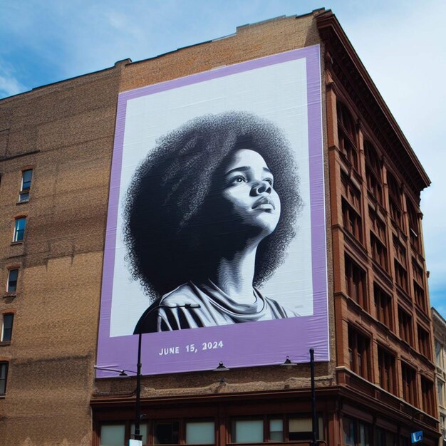 a large poster of a woman with a black hair on it