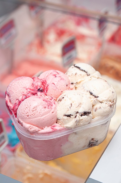 Large pot of ice cream on the counter in an ice cream shop Copy space