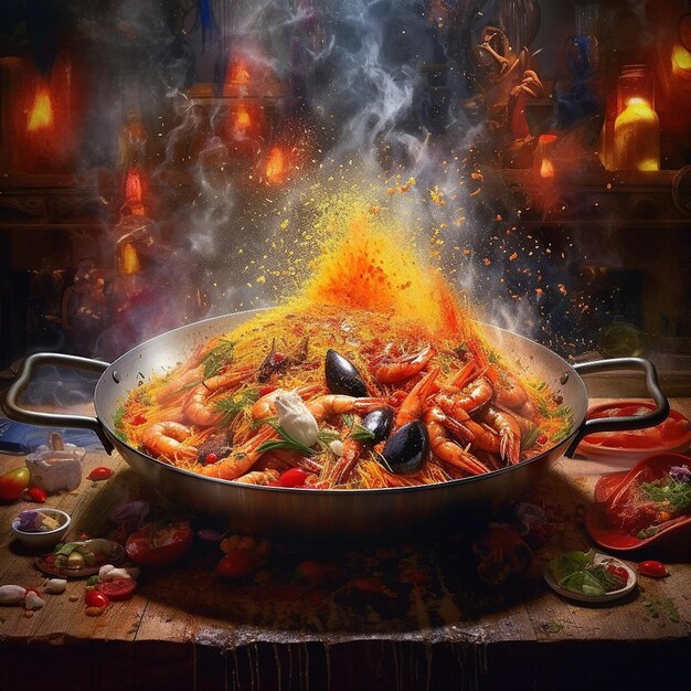 A large pot of seafood is being cooked in a frying pan with a smoke coming out of it.