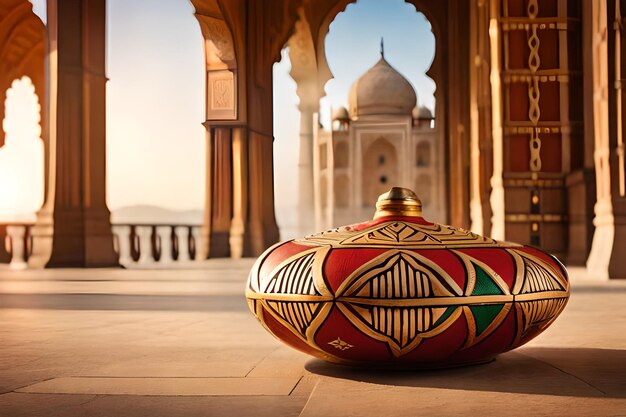 a large pot sits on the floor of a mosque.