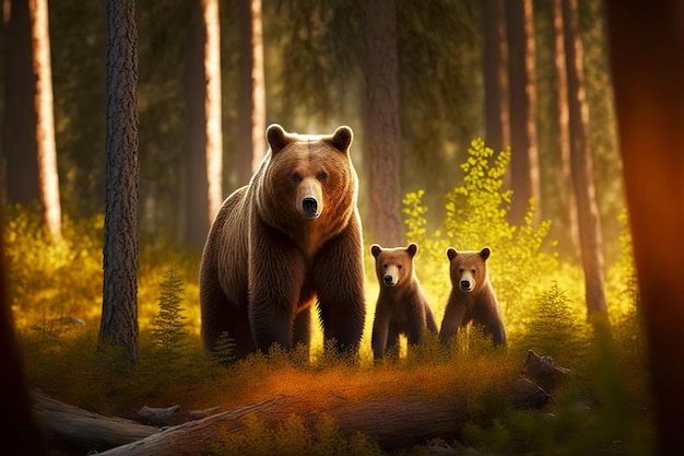 Large predatory brown bear with cubs in forest in clearing