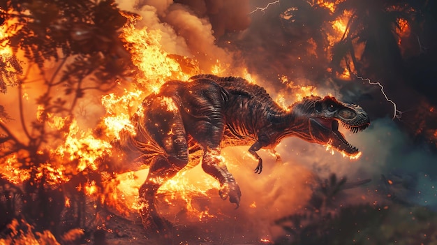 A large prehistoric dinosaur standing in front of a blazing fire showcasing its immense size and primitive power