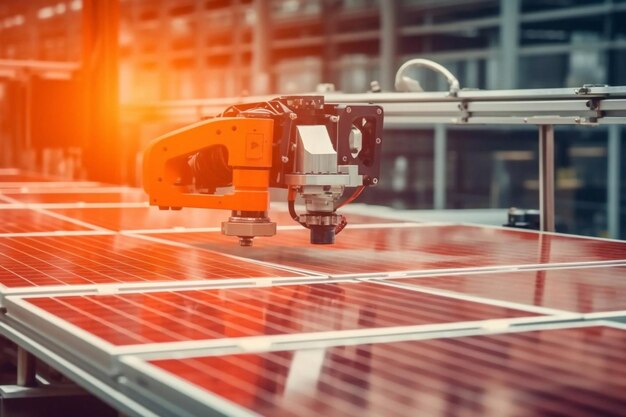 Large production line with industrial robot arms at modern bright factory solar panels are being assembled on conveyor automated manufacturing facility generative ai