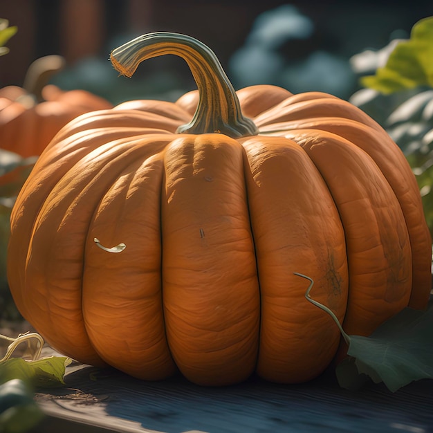 Photo large pumpkin lies on the bed