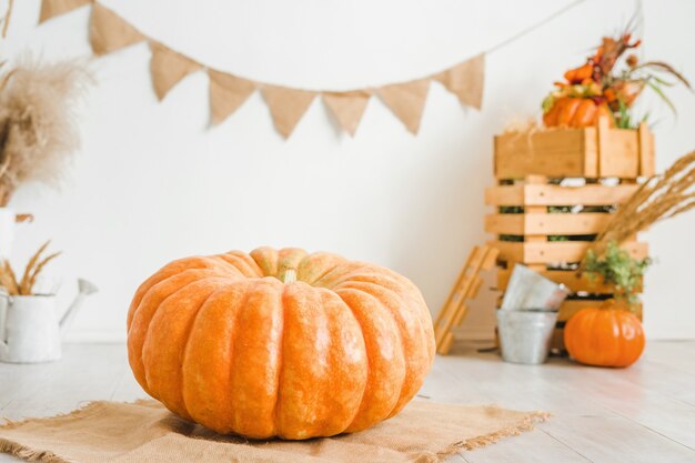 Grande zucca su uno sfondo bianco arredamento autunnale con casse di legno e spighette secche