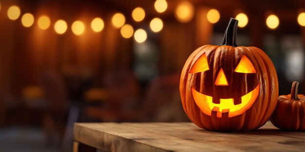 A large pumpkin with a carved funny glowing face standing against the backdrop of a Halloween decor