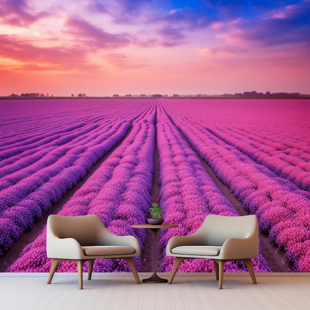 A large purple field of flowers with a pink chair in front of it.