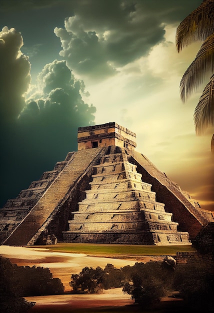 A large pyramid with a cloudy sky in the background