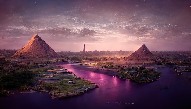 Large pyramids and river with green banks at purple sunset