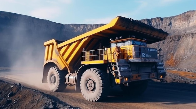 large quarry dump truck big yellow mining truck at work site loading coal into body truck production