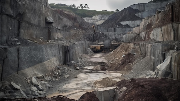 A large quarry with a hill in the background