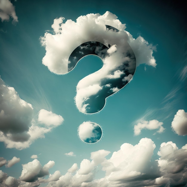 Large question mark floating in the sky cover with white clouds