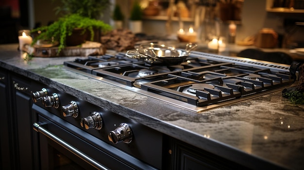 A Large range style cooker in modern kitchen interior with granit