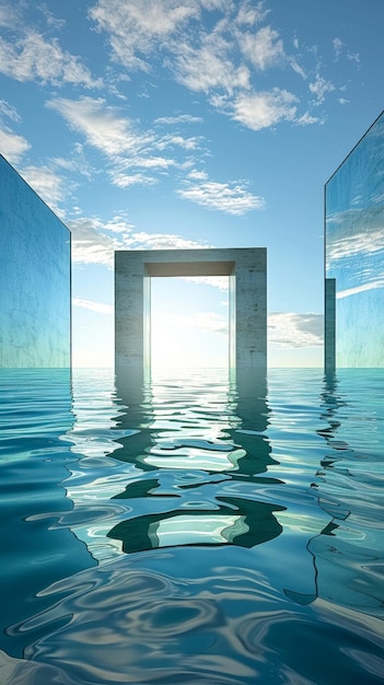 조용한 물 위에 큰 직사각형 거울 미니멀리즘 사진 현실주의 동양주의 장면