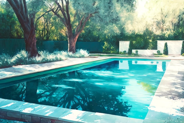 Photo large rectangular pool in backyard with water splashes against background of trees