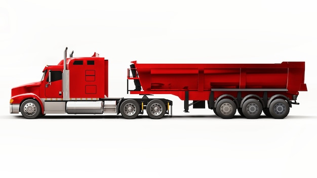白い背景の上のトレーラータイプのダンプトラックと大型の赤いアメリカのトラック