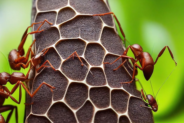Large red ants crawl across tree in search of food